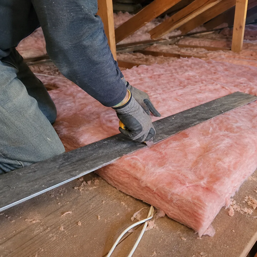 Professional cutting pink fiberglass attic insulation with a utility knife