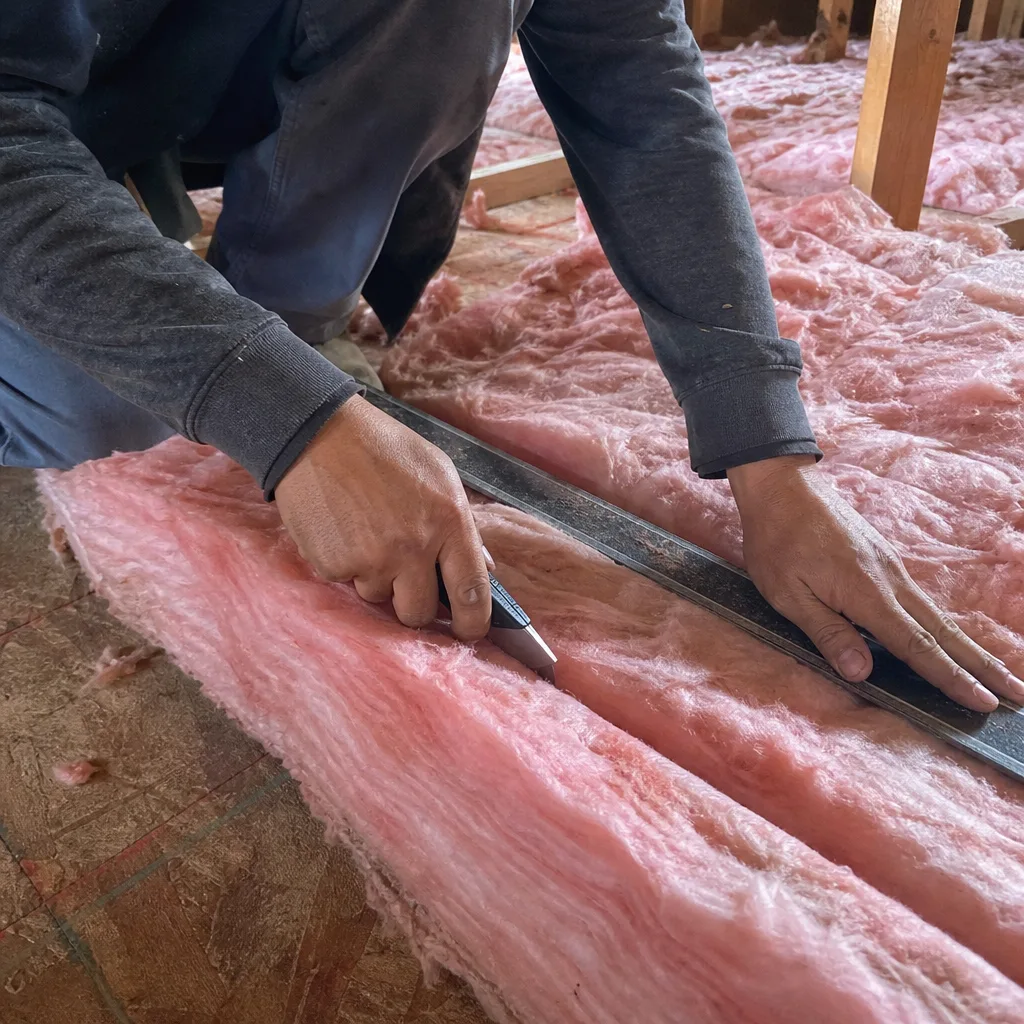 Professional cutting pink fiberglass attic insulation with a utility knife.