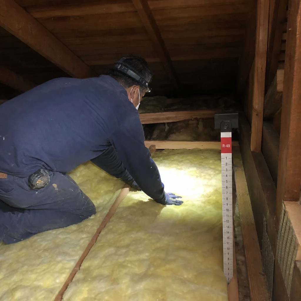 Technician checking attic insulation depth with a ruler