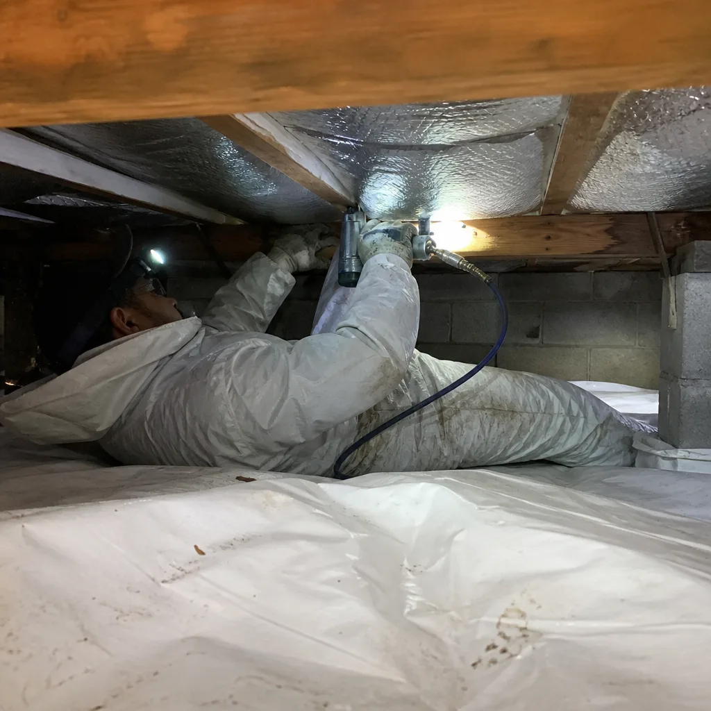 Technician performing professional crawl space encapsulation and vapor barrier installation