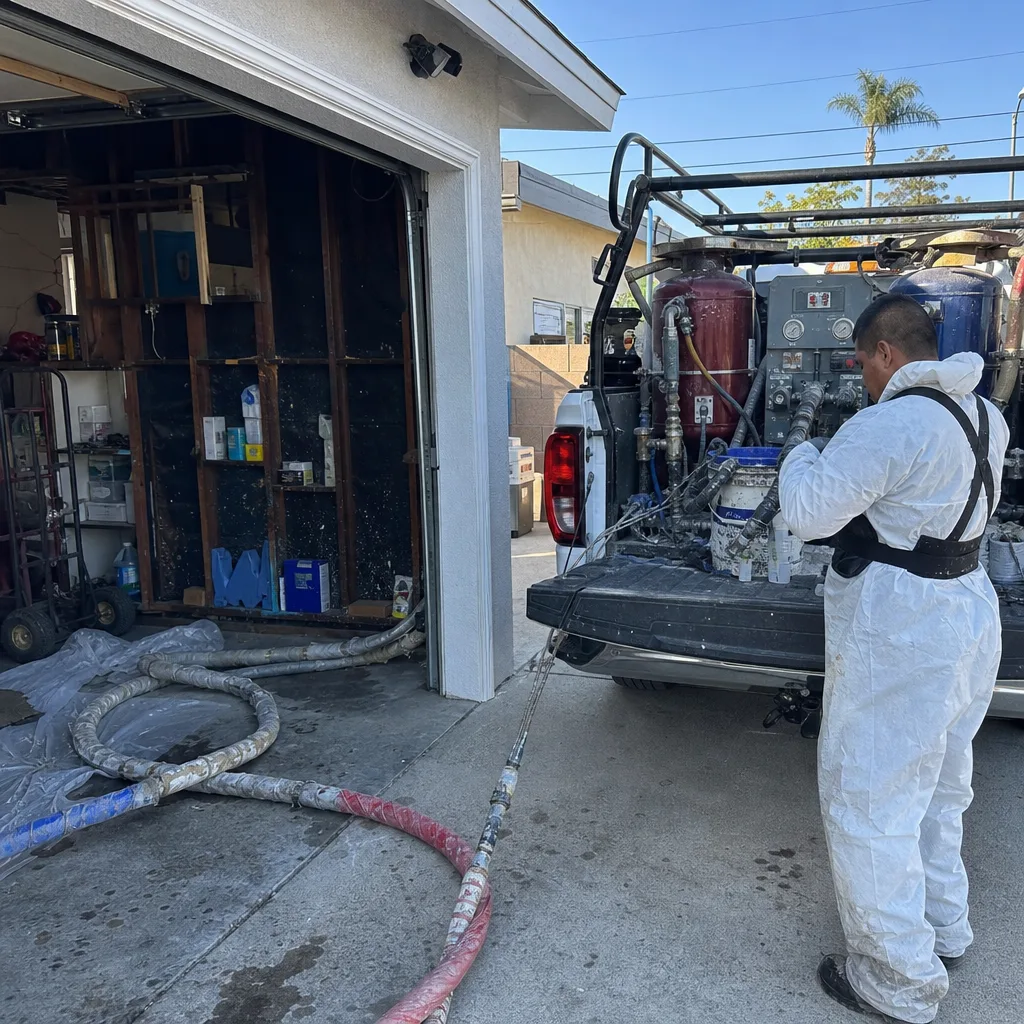 Technician using professional spray foam insulation equipment for residential home upgrade