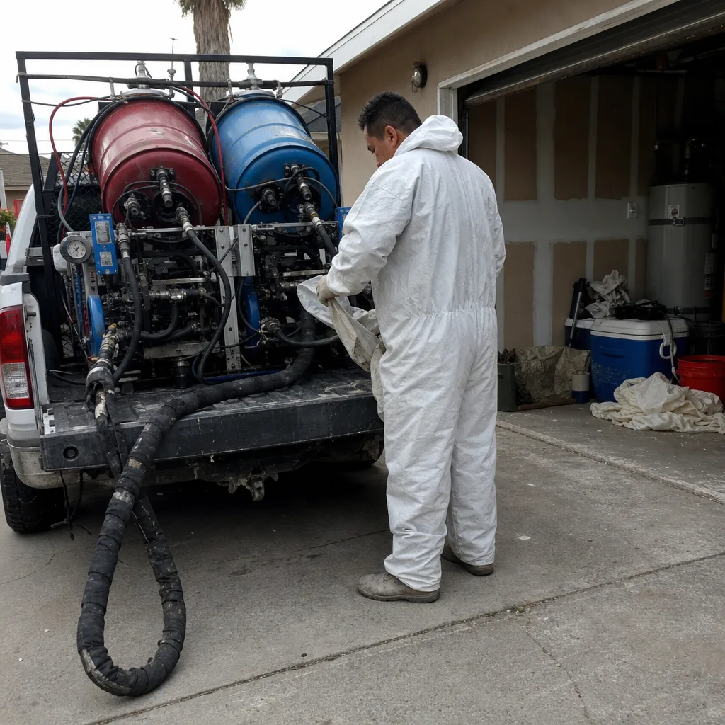 Contractor preparing spray foam insulation equipment for residential project